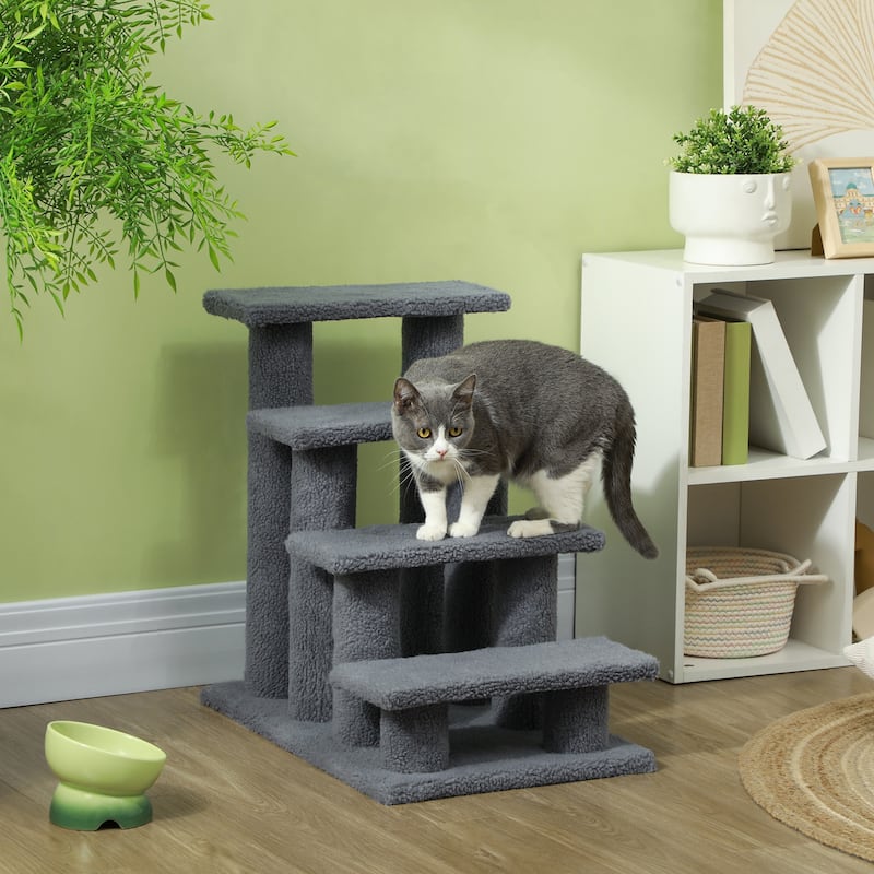 PawHut 25" 4-Step Multi-Level Carpeted Cat Scratching Post Pet Stairs - Grey - Grey