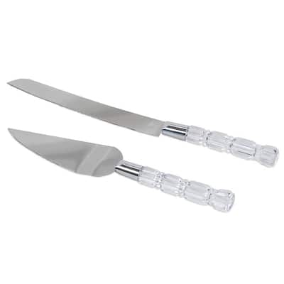 PREMIUS Stainless Steel Cake Server and Knife Set with Plastic Crystal Handle, 13 & 10.5 Inches - Silver