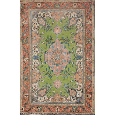 Hand Knotted Oriental 100% Wool Carpet Traditional Floral Green Tabriz Area Rug - 9' 10'' X 6' 5''