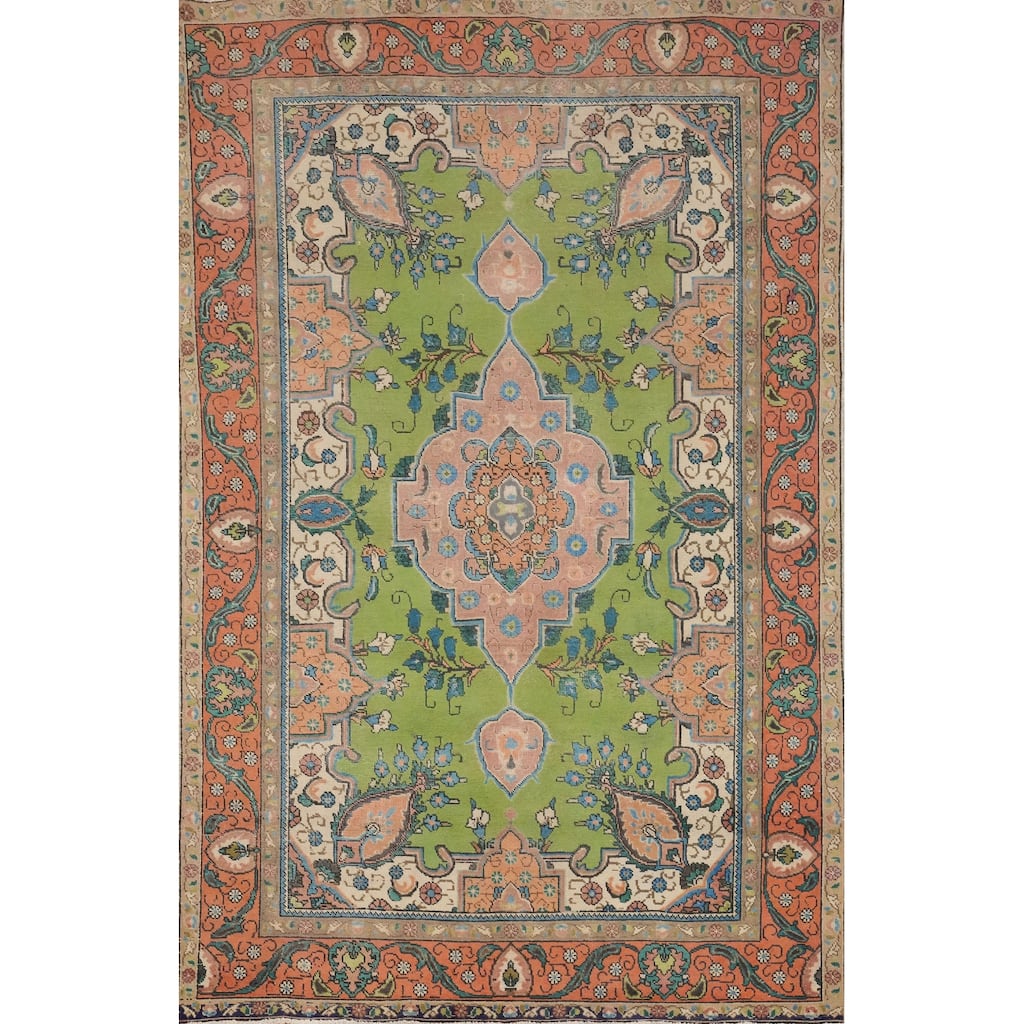 Hand Knotted Oriental 100% Wool Carpet Traditional Floral Green Tabriz Area Rug - 9' 10'' X 6' 5''