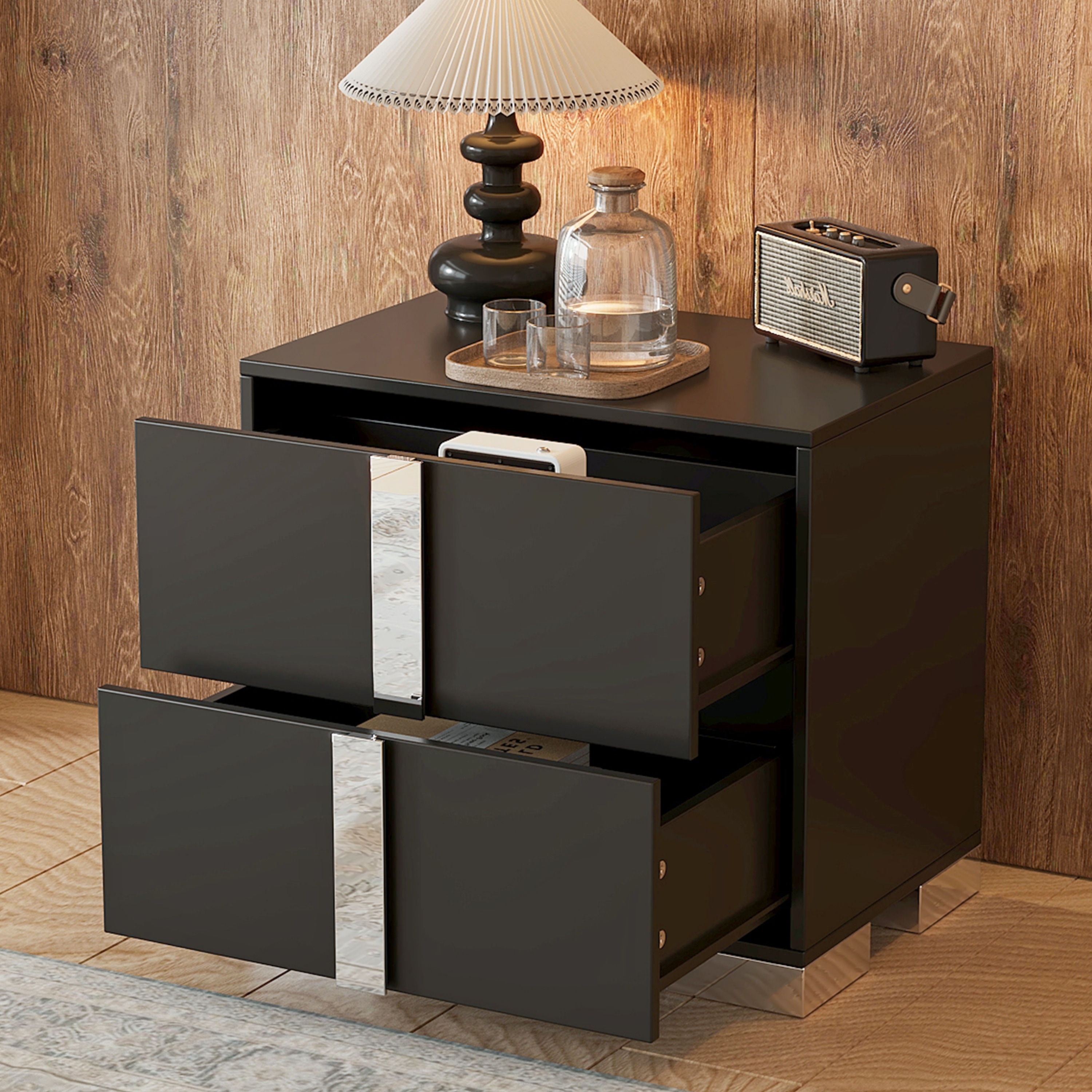 Nightstand with 2 Drawers, Sofa Side Table with Mirrored Metal Handle & Base, Multi-functiona Wooden Accent Table