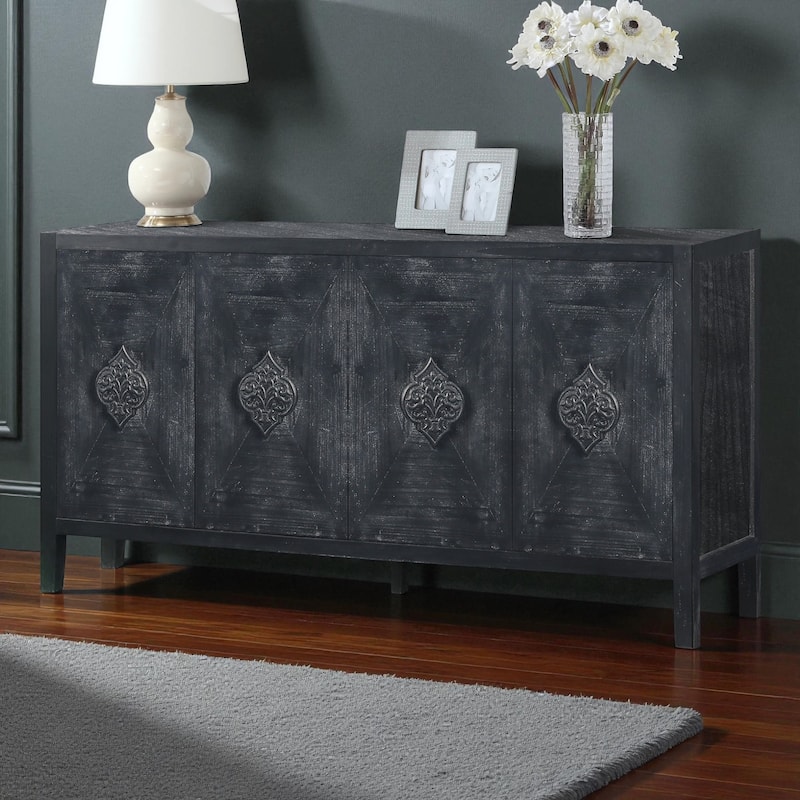 59.8" Antique 4-Door Sideboard Buffet Cabinet with Carved Flower Handles, Pine Veneer Storage Console for Living Room
