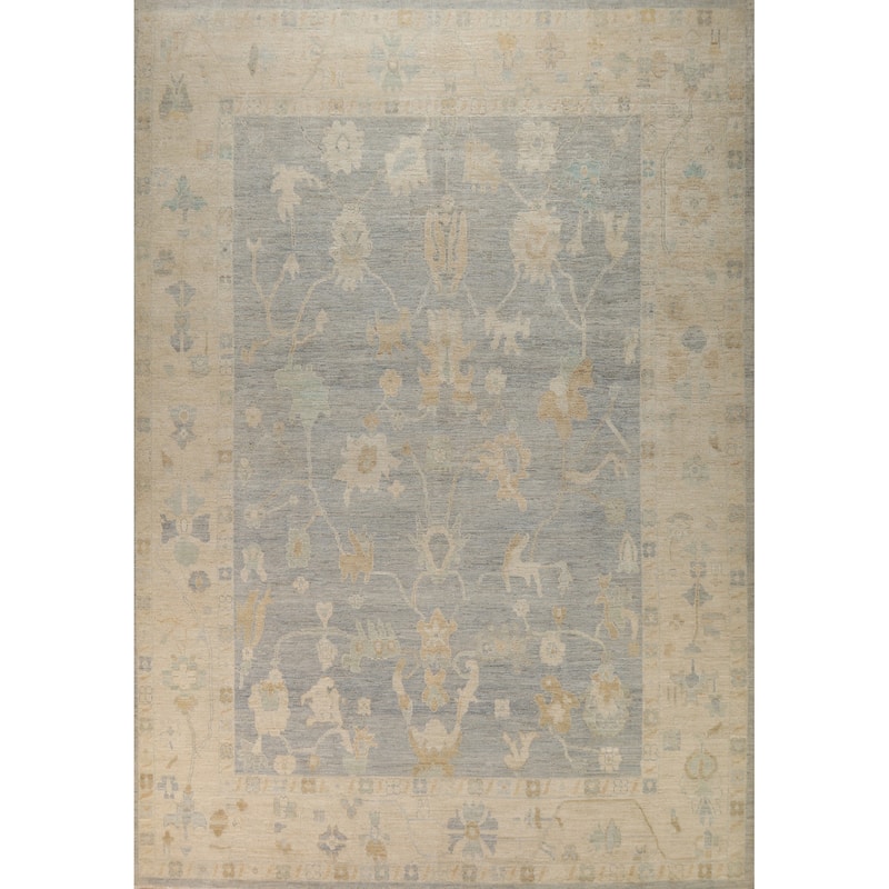Vegetable Dye Blue Oushak Turkish Large Rug Hand-Knotted Wool Carpet - 10'2"x 13'8"