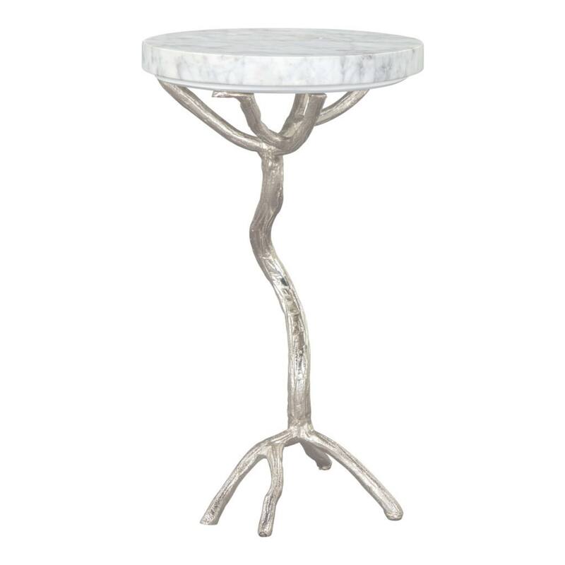 22" Modern Round Silver and White Marble Top Side End Table with Tree Stump Base for Living Room - 12”L x 12”W x 22”H