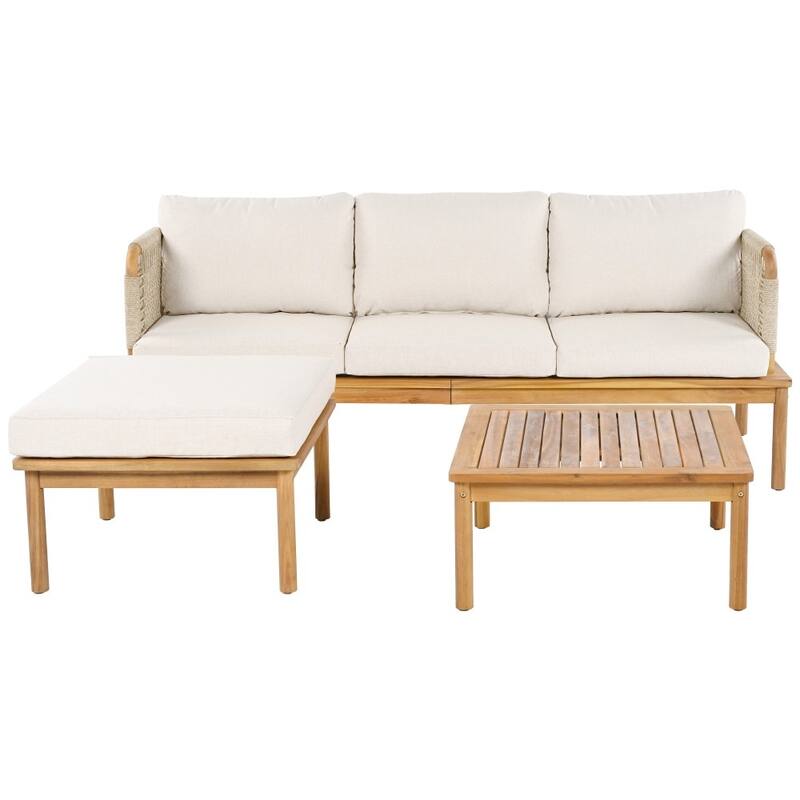 Modern Outdoor 3-piece Acacia Wood Sofa Set with Coffee Table for Patio