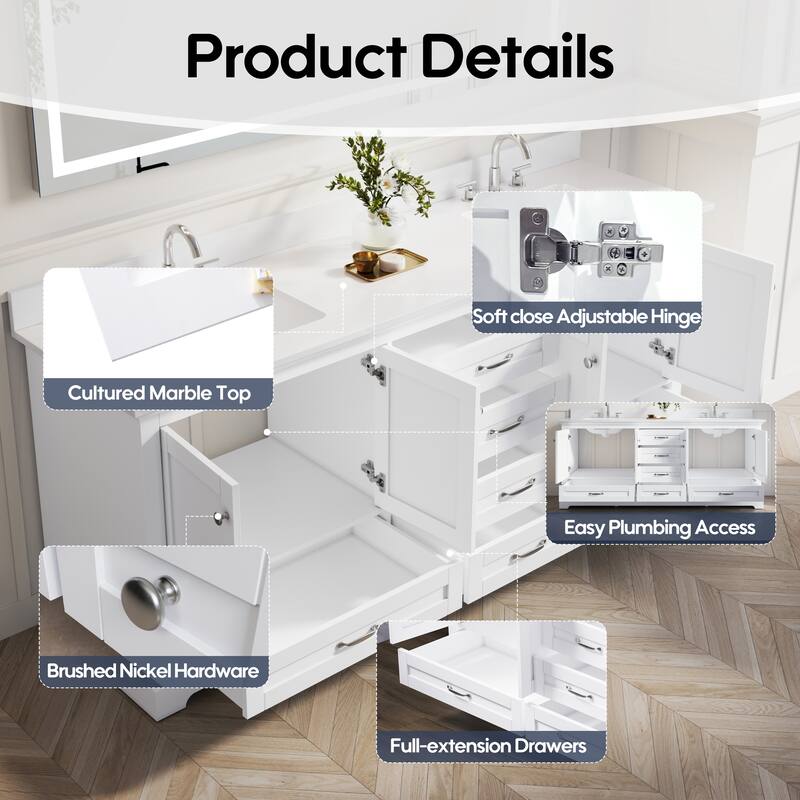 80''W Solid Wood Frame Bathroom Vanity With Pure White Culutered Marble Countertop And Double Sink