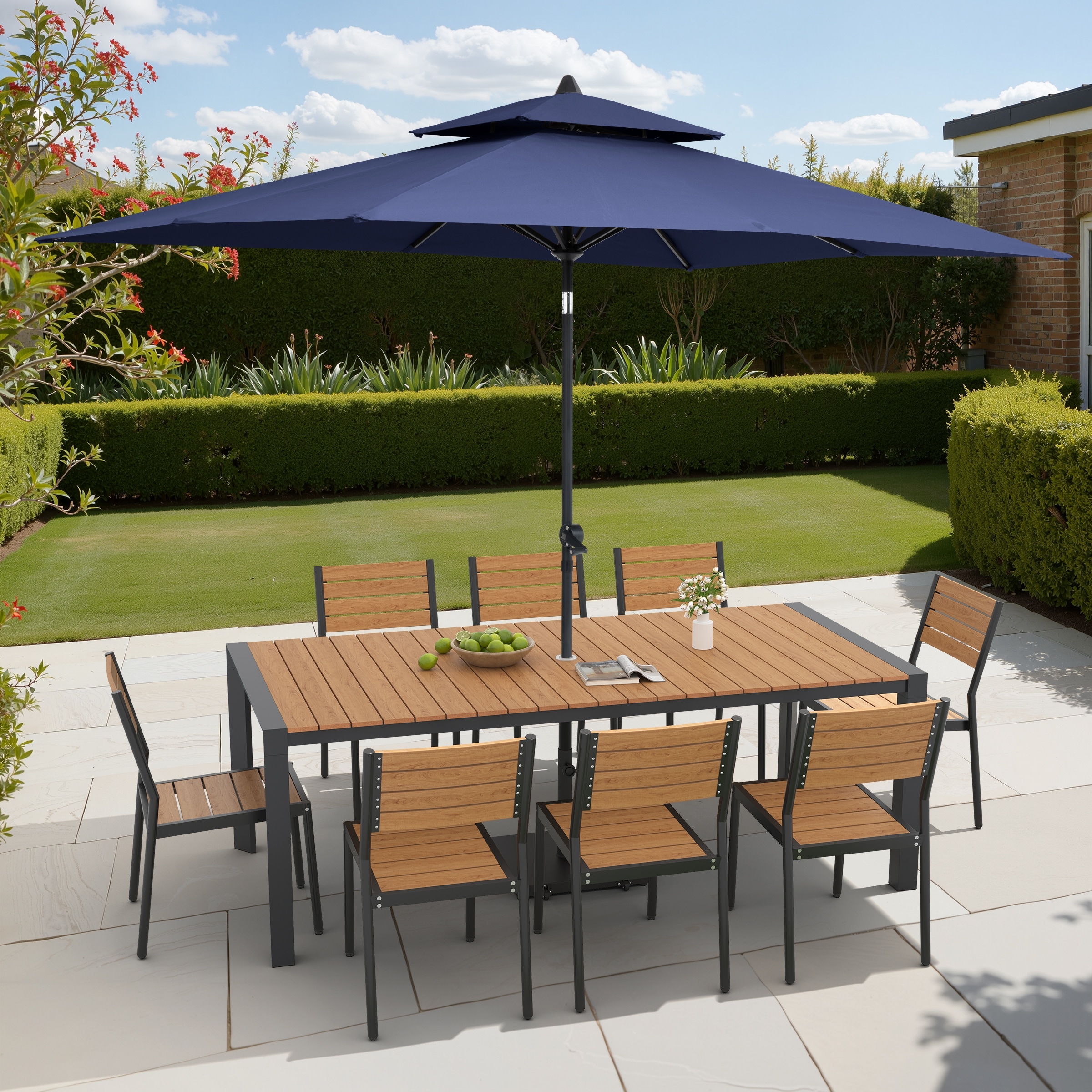 9/11-Piece Outdoor Dining Set Aluminum Table and Stackable Chairs w/10 ft Umbrella and Base
