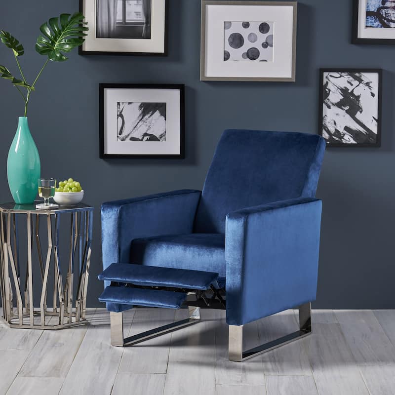 Blue Modern Velvet Push-Back Recliner with Footrest, Stainless Steel Legs