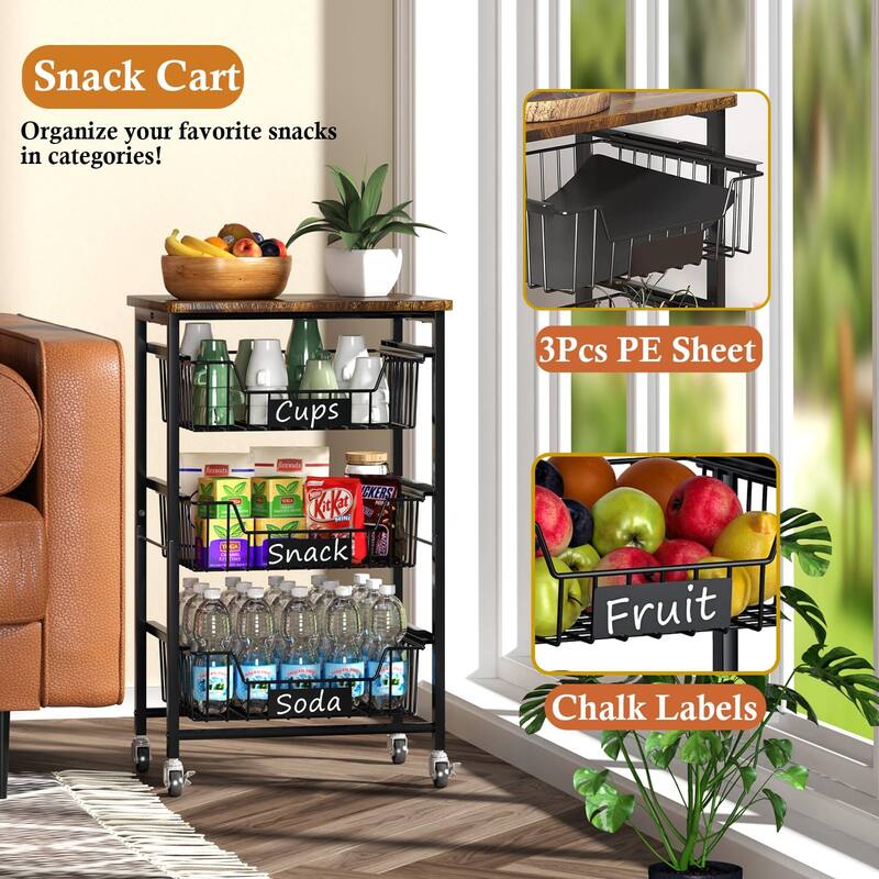 4-Tier Small Kitchen Storage Cart on Wheels, Metal Fruit Basket Stand with Pull-Out Baskets & Wood Top