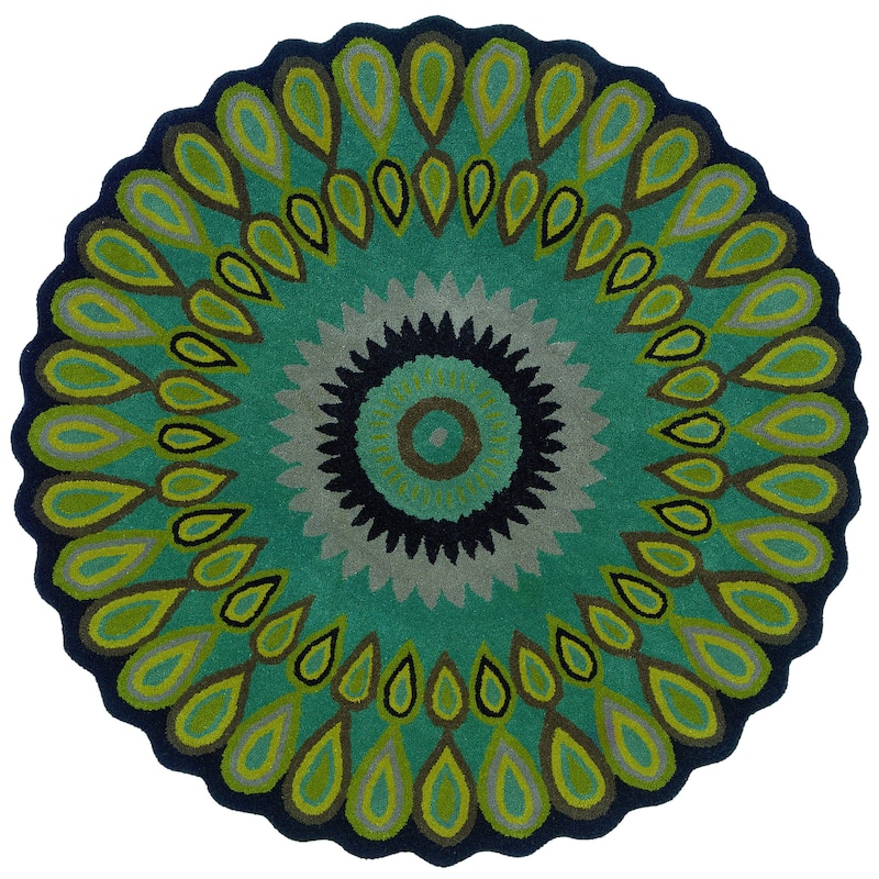 Sevita Vibra Contemporary Hand-Rufted Wool Indoor Area Rug - 3' Round - Green/Blue