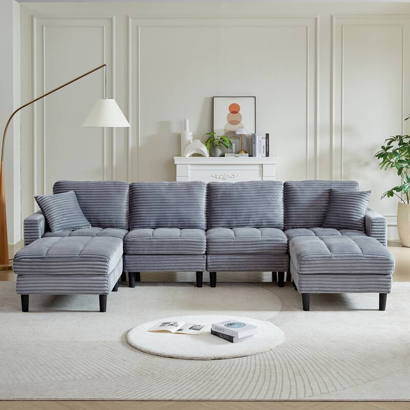 122.5" Corduroy U-Shaped Sectional Sofa with Ottomans & Pillows