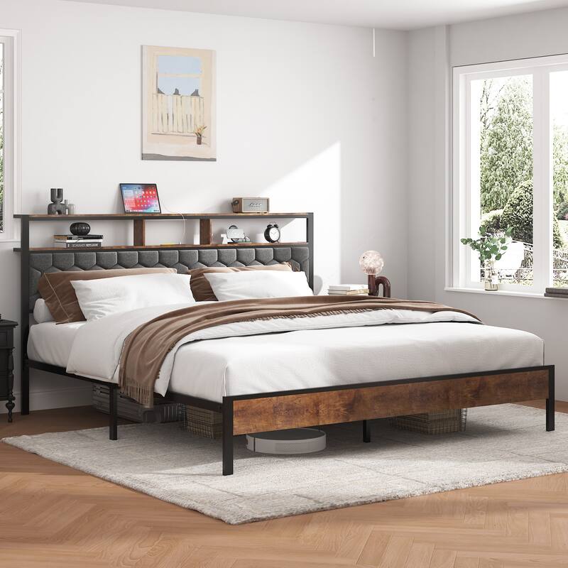 Brown Wood Platform Bed Frame with Type-C Port Noise Free,No Box Spring Needed(Full/Queen/King） - King