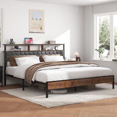 Brown Wood Platform Bed Frame with Type-C Port Noise Free,No Box Spring Needed(Full/Queen/King）
