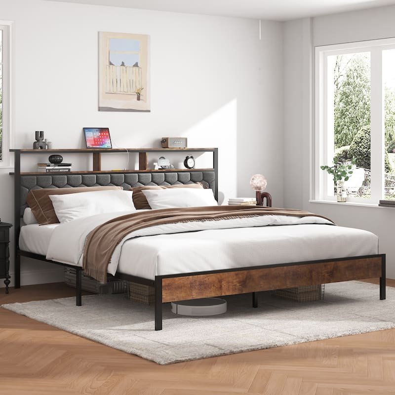 King Size Wooden Platform Bed Frame Bedside Soft Package 2 USB Noise Free Brown Under Bed Storage No Box Spring - Brown