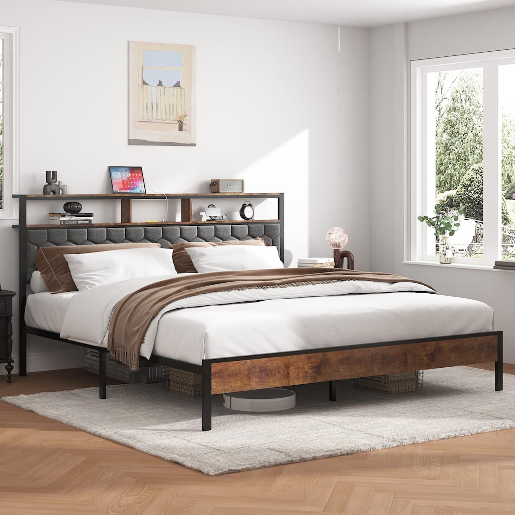 King size bed, wooden platform bed frame, bedside with soft packaging and 2 USBs, large storage space under the bed