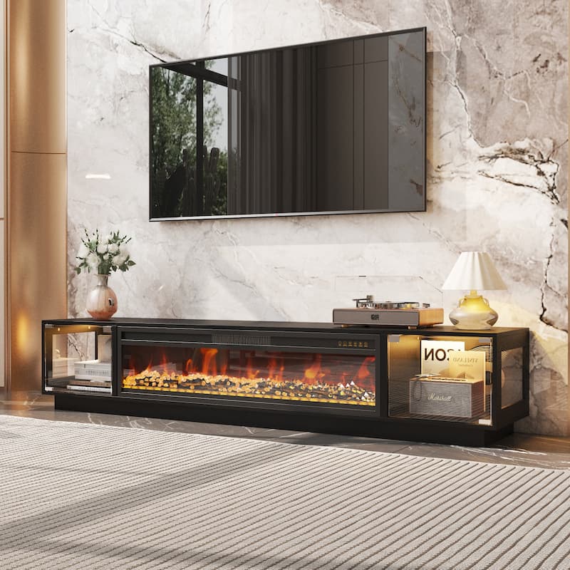 Modern Black Fireplace TV Stand Combo,Remote Fireplace Heater,2 Drawers,Light Strip & USB