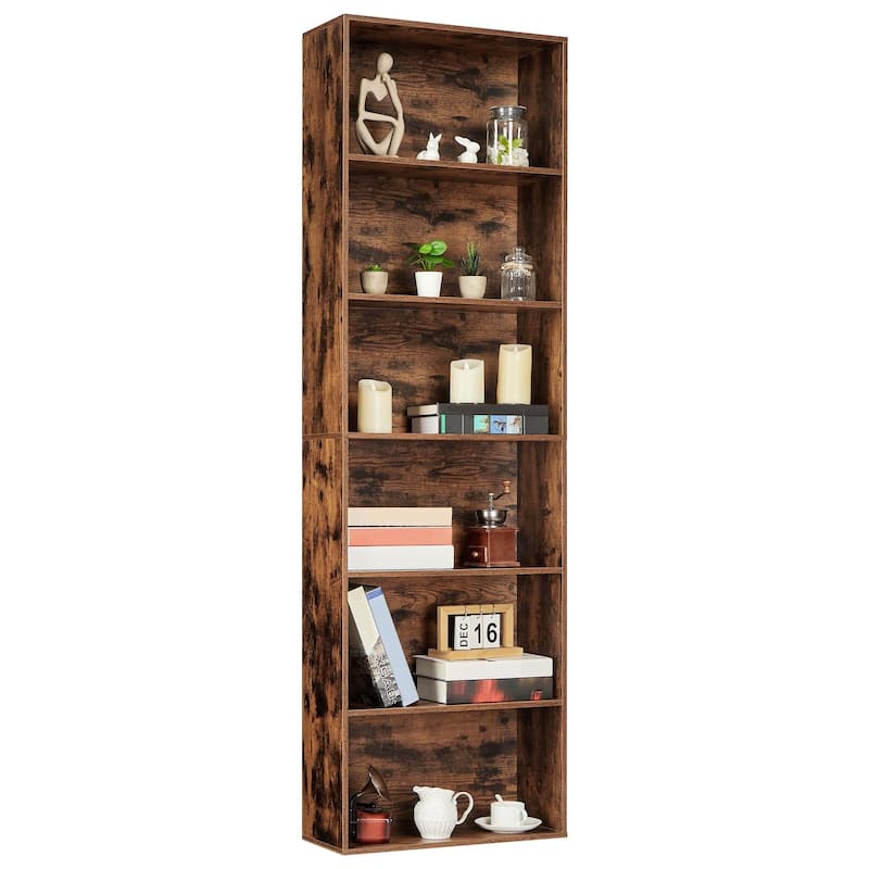 Rustic Industrial Bookcase - 6 Shelf Wood Organizer for Home, Office, Library - Brown