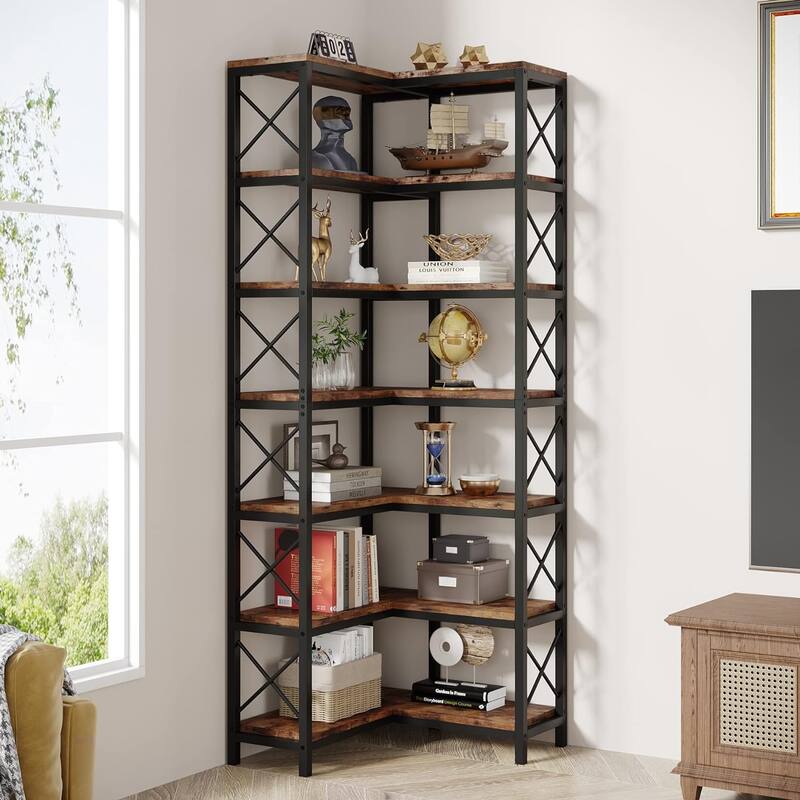7-Shelf Corner Bookshelf Bookcase for Living Room Home Office