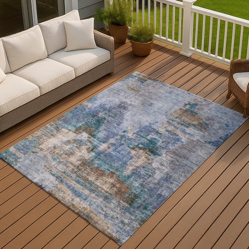 Machine Washable Indoor/ Outdoor Abstact Contemporary Chantille Rug - Blue - 3' x 5'
