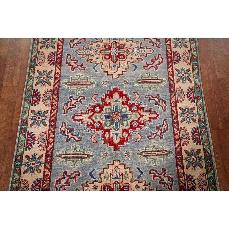 Light Blue Traditional Kazak Foyer Rug Hand-Knotted Wool Carpet - 3'3" x 4'11"