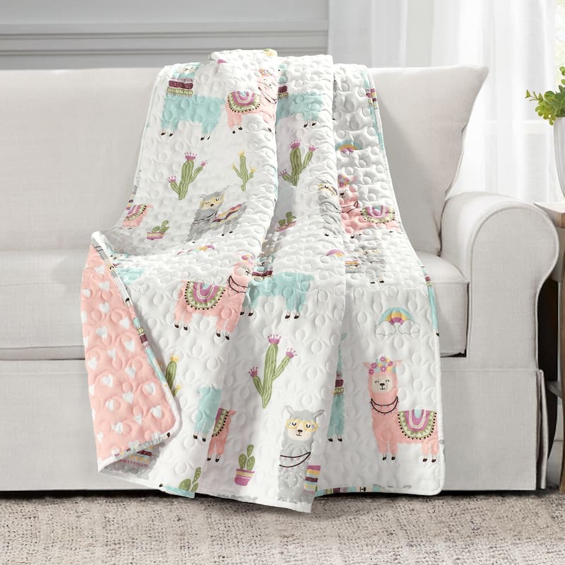 Lush Decor Southwest Llama Cactus Reversible Throw Blanket - White & Blush