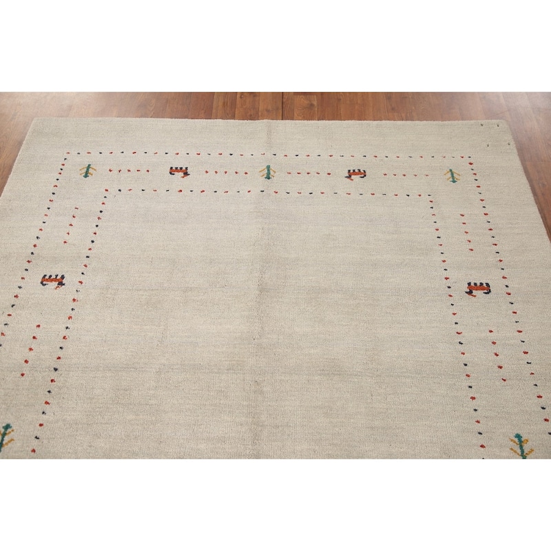 Tribal Gabbeh Area Rug Handmade Oriental Beige Wool Carpet - 5'5"x 7'6"