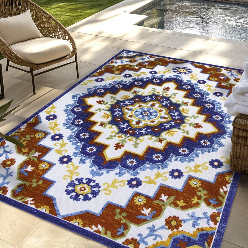 Gertmenian Kalari Modern Bold Multicolored High-Low UV Protected Polypropylene Woven Indoor/ Outdoor Area Rug Collection - 7'10"x10' - Amira Blue