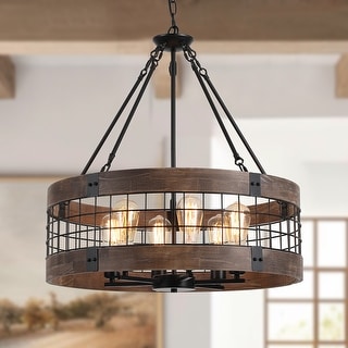 Modern Farmhouse Rustic 6-Light Wood Drum Chandelier for Dinning Room