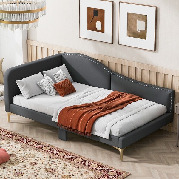 Elegant Upholstered Daybed with Headboard Support Legs Modern Wood Sofa Bed Frame w Backrest Armrest for Living Spaces