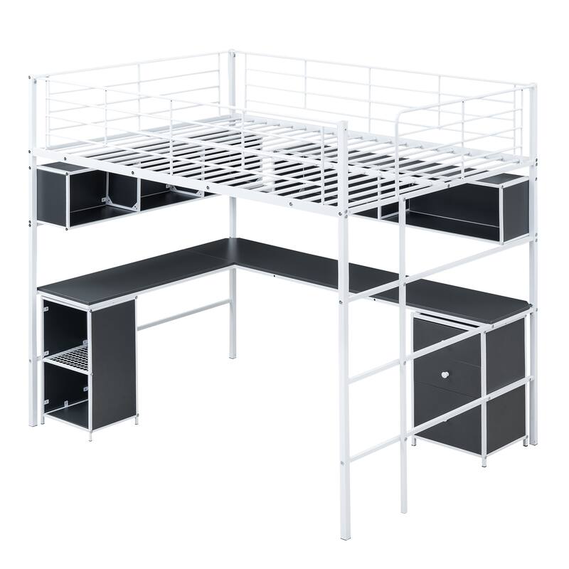 Metal Loft Bed with Bookcase, Desk and Cabinet