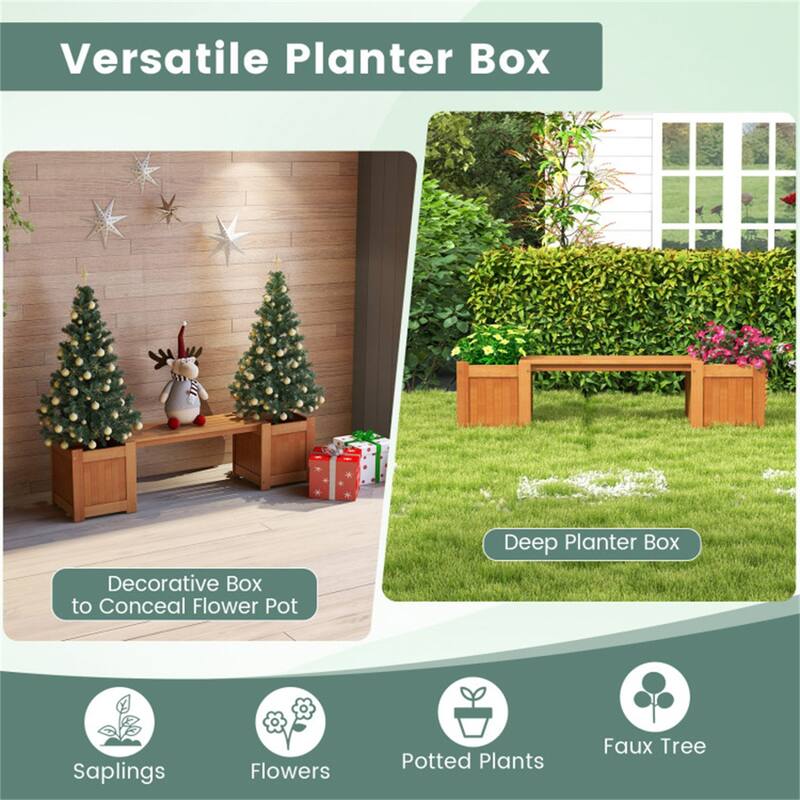 Wooden Garden Bench with Planter Boxes Outdoor Patio Seating for Yard Porch and Deck - 68" L x 16" W x 18" H