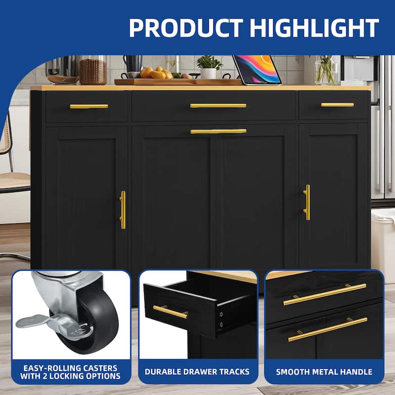 Moasis 55-inch Drop Leaf Kitchen Island With Pull Out Trash Can Storage Cabinet