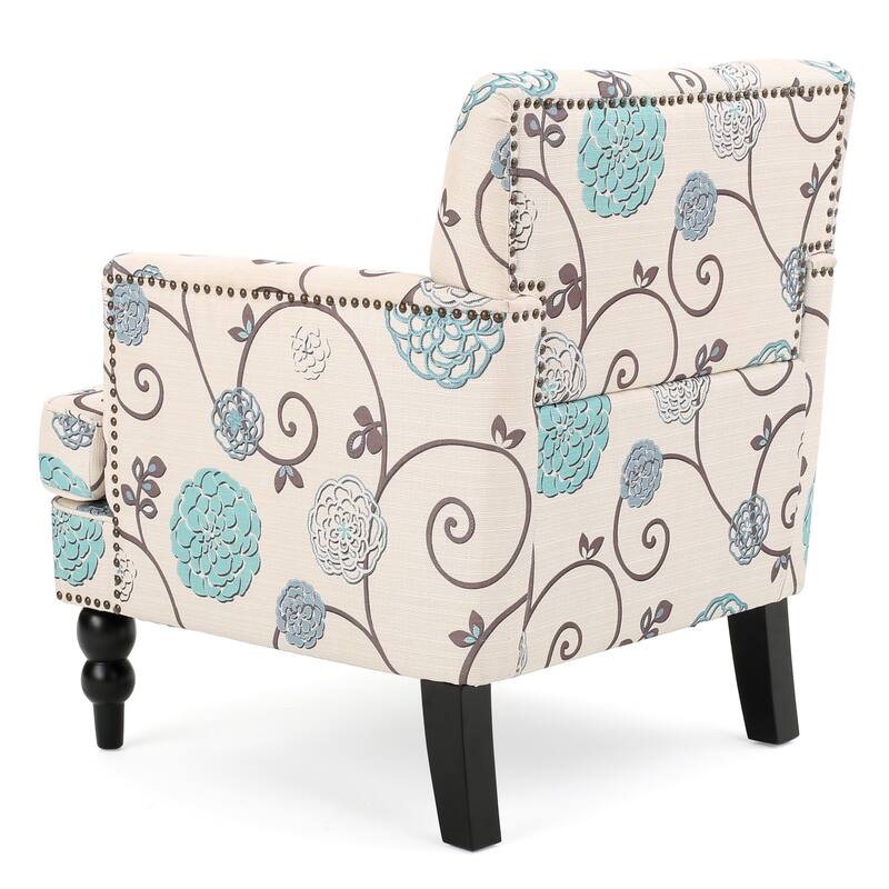 Floral Fabric Club Chair with Tufted Back, Nailhead Trim & Birch Legs