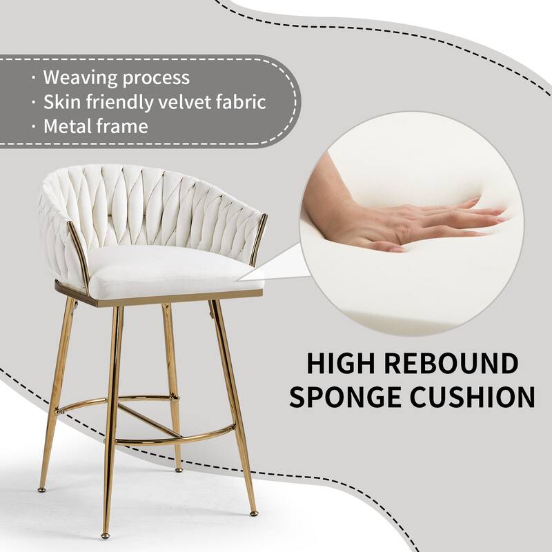 Versatile Counter Height Bar Stools Set of 2 Velvet Armchairs with Wave Braided Curved Back, Golden Chromed Legs and Footrest