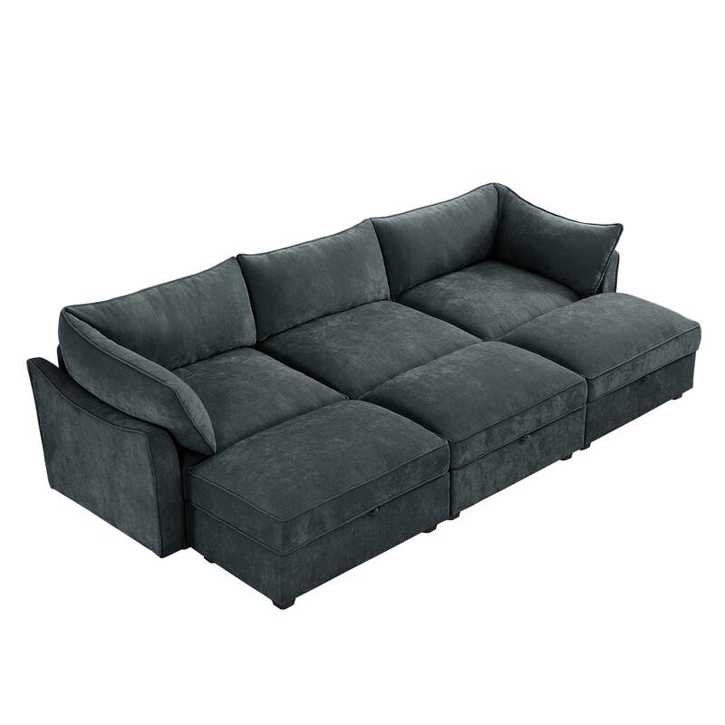 3-Seat Modular Sectiona Sleeper Sofa with Pull out Drawer Under Each Seat & 3 Movable Storage Ottomans