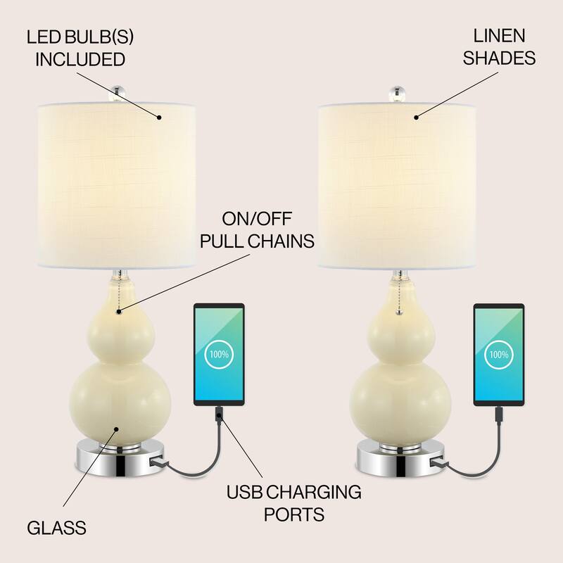 Horizon 22" Classic Vintage Glass LED Table Lamp with USB Charging Port, (Set of 2) by JONATHAN Y