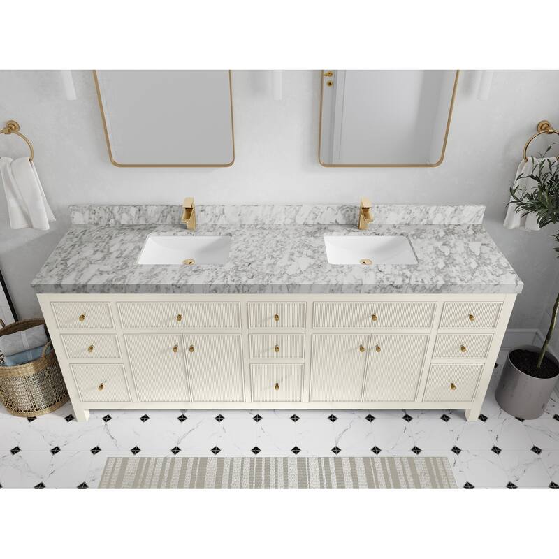 Willow Collections 84 in. W x 22 in. D Sonoma Free Standing Reeded Double Sink Bathroom Vanity with Countertop - 2”Carrara Marble - Ivory