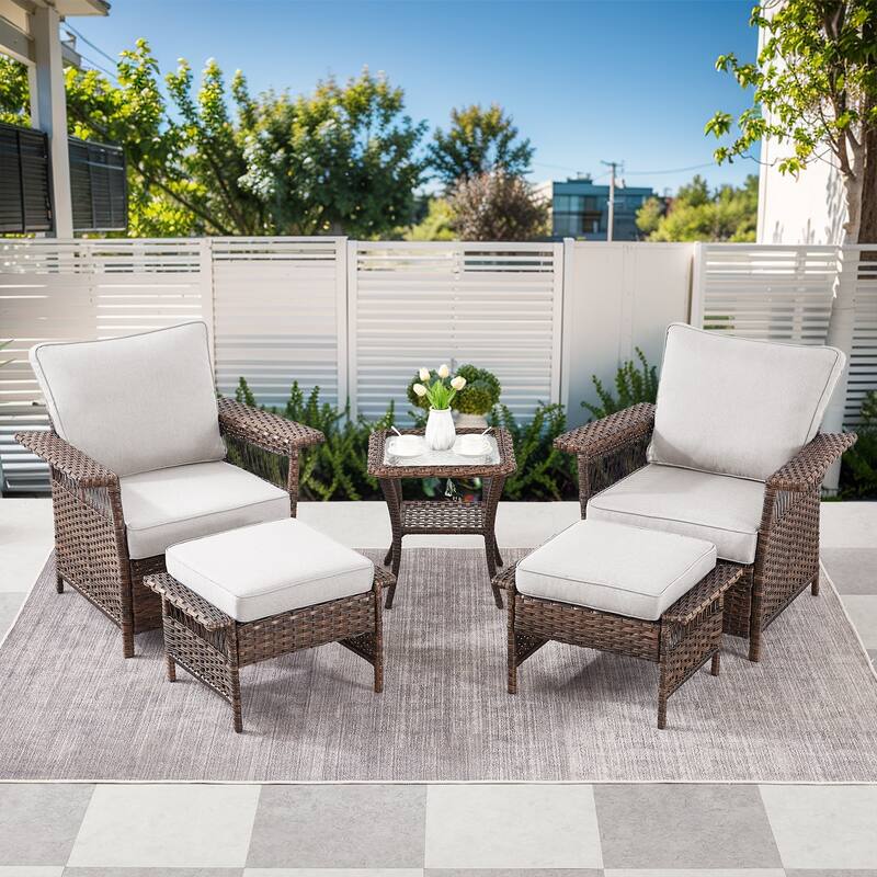 Pocassy Outdoor Swivel Chairs with Sofa Chair Ottoman and Table Set - Brown Wicker Beige Cushion - 5-Piece Patio Chair Ottoman with Side Table