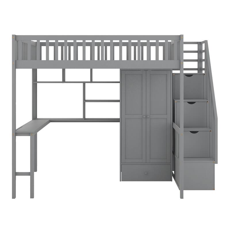 Loft Bed with Bookshelf,Drawers,Desk,and Wardrobe