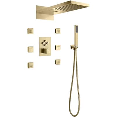 Brushed Gold 22" Rainfall Waterfall 4 Way Thermostatic Shower Faucet System w/ Body Jets, Sprayer - Brushed Gold