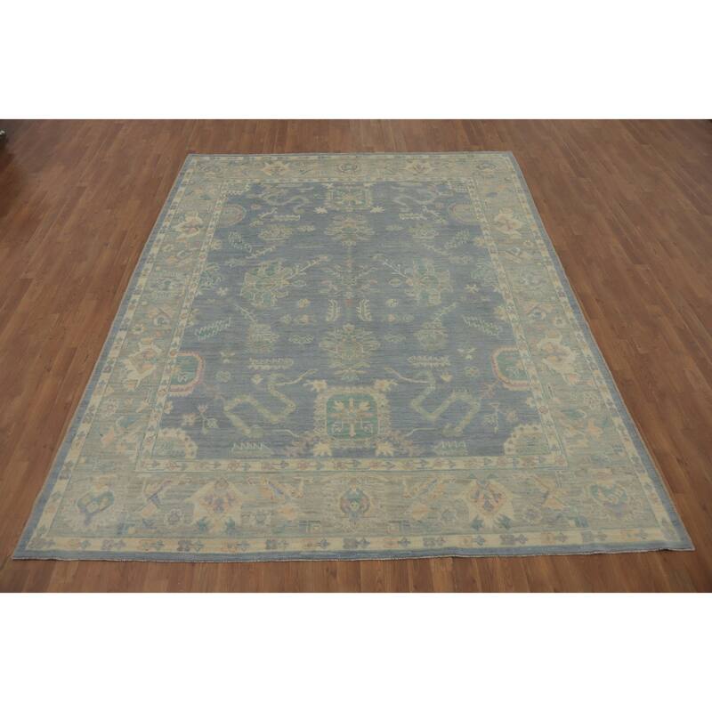 Vegetable Dye Blue Wool Oushak Turkish Area Rug, Floral Geometric Carpet - 9' 11'' X 8' 0''