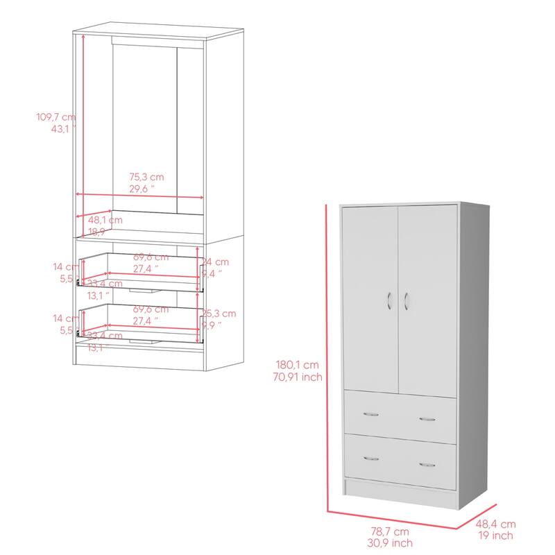 19" Modern Double-door Armoire with Hanging Rod and Two Storage Drawers for Bedroom