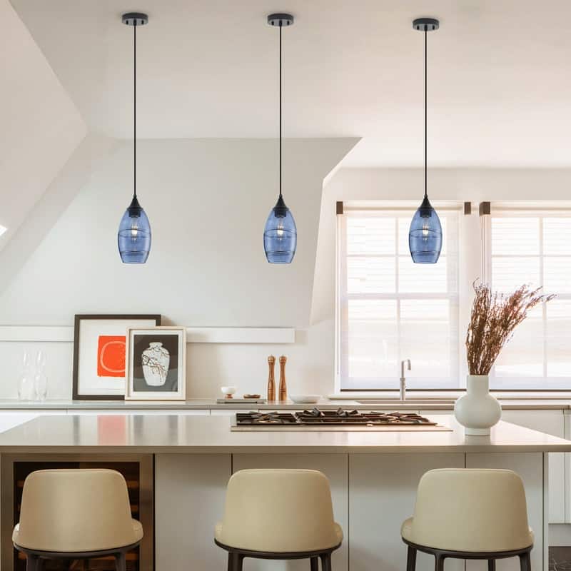 Modern Industrial Blue Glass Pendant Light Matte Black Ceiling Lamp for Kitchen Island