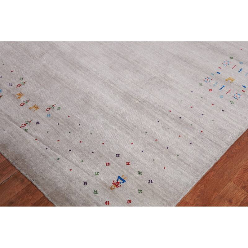 Gray Ivory Gabbeh Indian Area Rug Hand-Knotted Wool Carpet - 7'11" x 11'5"