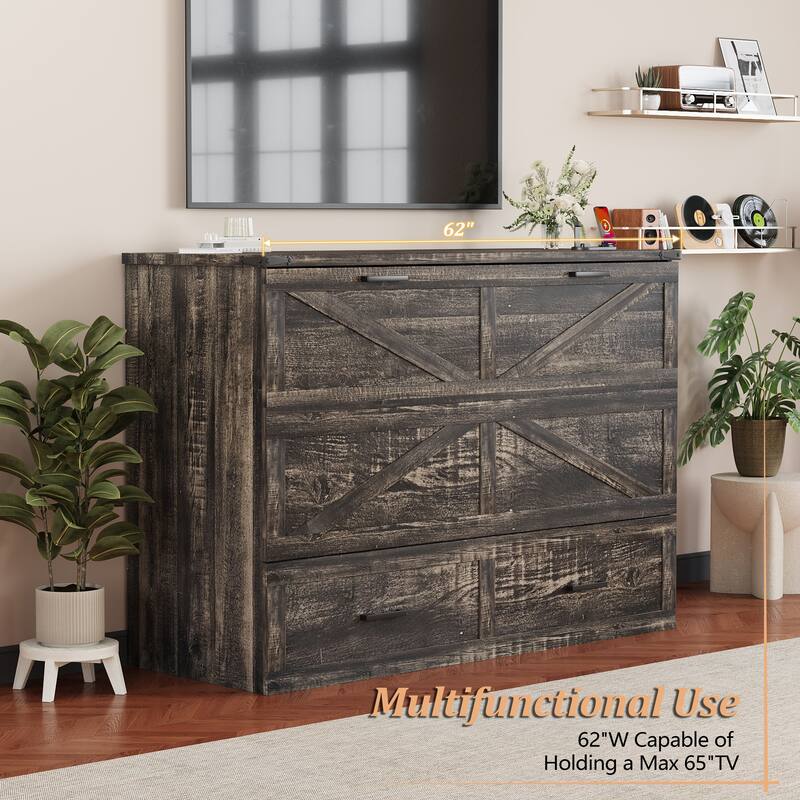 Murphy Bed with Storage&Charging Station/Queen Murphy Cabinet Bed with Large Drawer/Pull out Platform Bed/Mattress Not Included