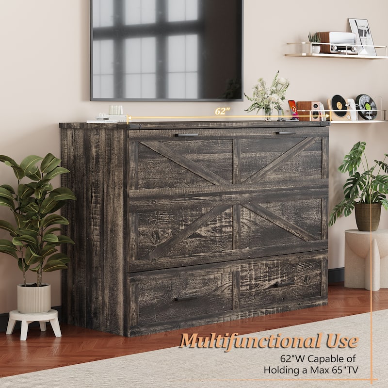 Queen Murphy Bed with Charging Station,Farmhouse Murphy Cabinet Bed with Large Storage Drawer,Hideaway Foldable Platform Bed