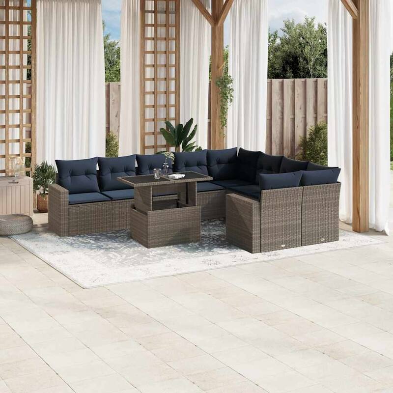 vidaXL 10 Piece Patio Sofa Set with Cushions Black/Brown/Gray Poly Rattan - 24.4 x 24.4 x 27.2 - Gray