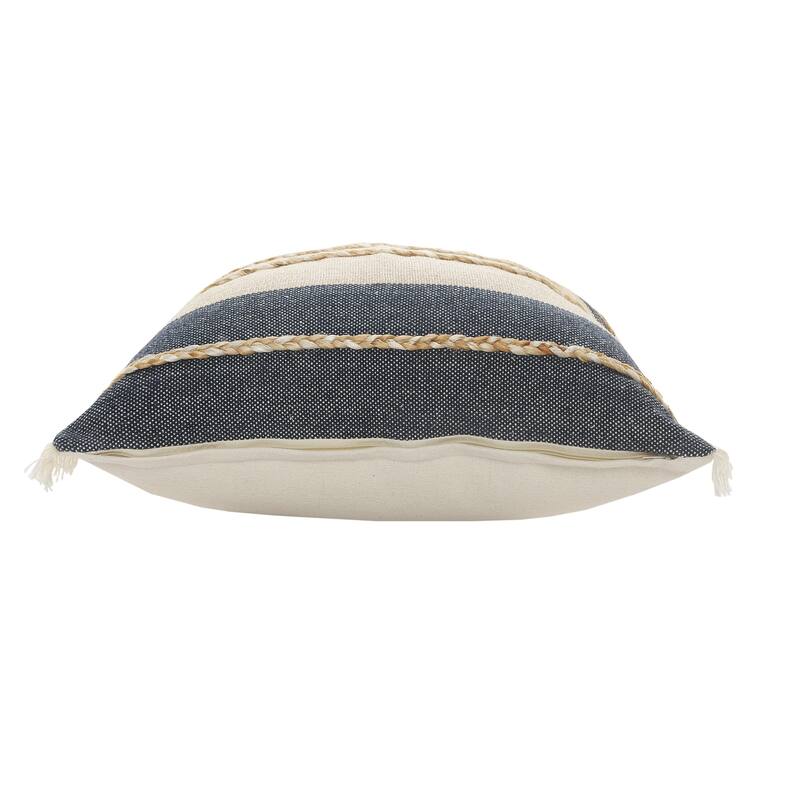 Sevita Atlantis Denim Blue and Taupe Throw Pillow with Jute Braiding and Fringe