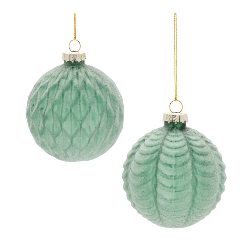 Green Glass Frosted Textured Ball Ornaments Set of 12 Holiday Decor - 3” x 3” x 3.5” (L x W x H) - Grey