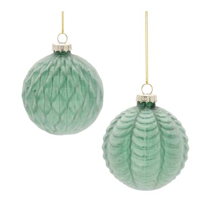Green Glass Frosted Textured Ball Ornaments Set of 12 Holiday Decor - 3” x 3” x 3.5” (L x W x H)